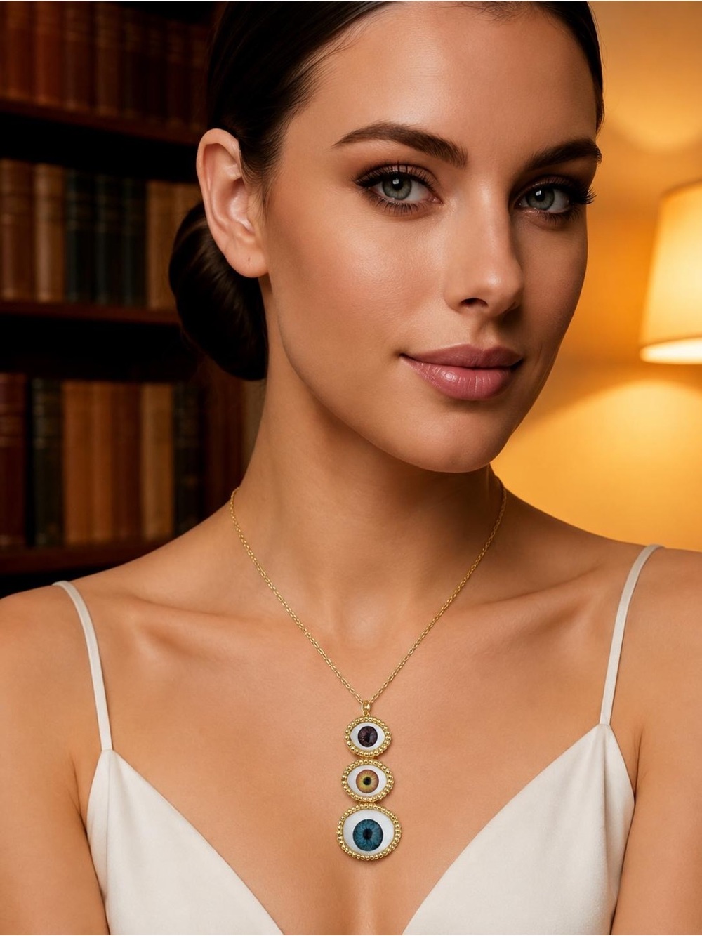 Gold Triple Evil Eye Necklace with Blue and Navy Accents
